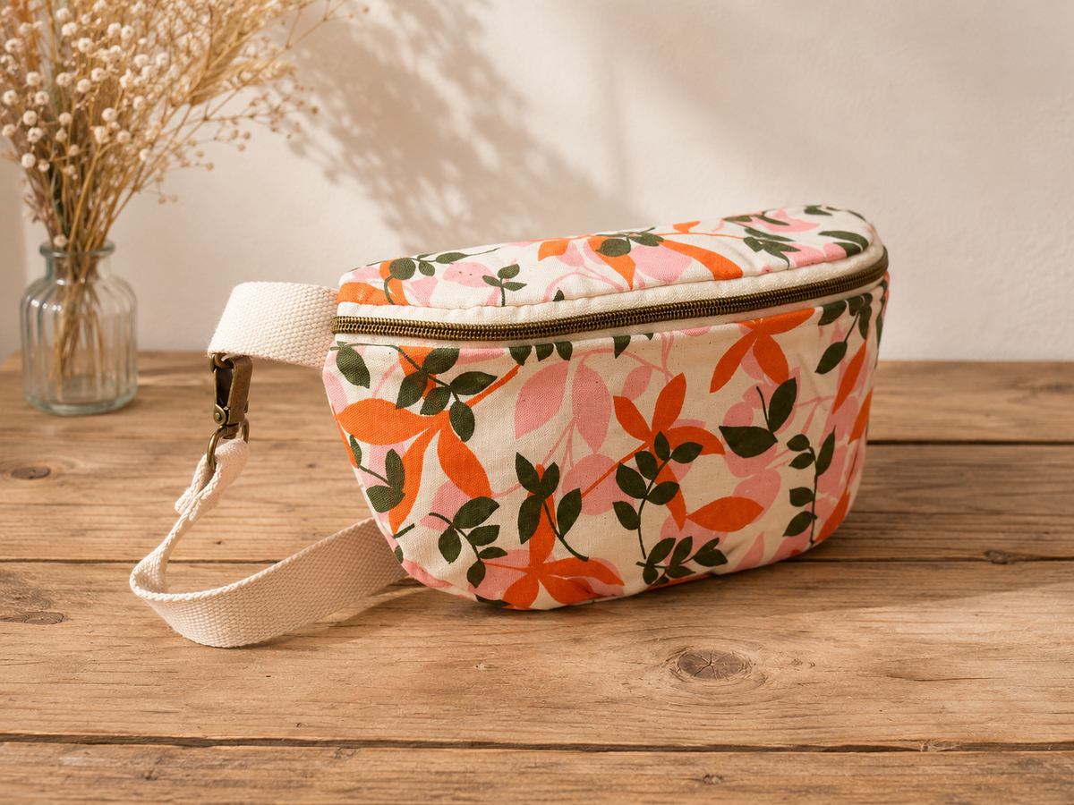 Sac banane femme fleuri rose & orange – Fait main
