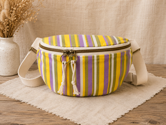Sac banane femme rayé jaune, violet & vert – Fait main
