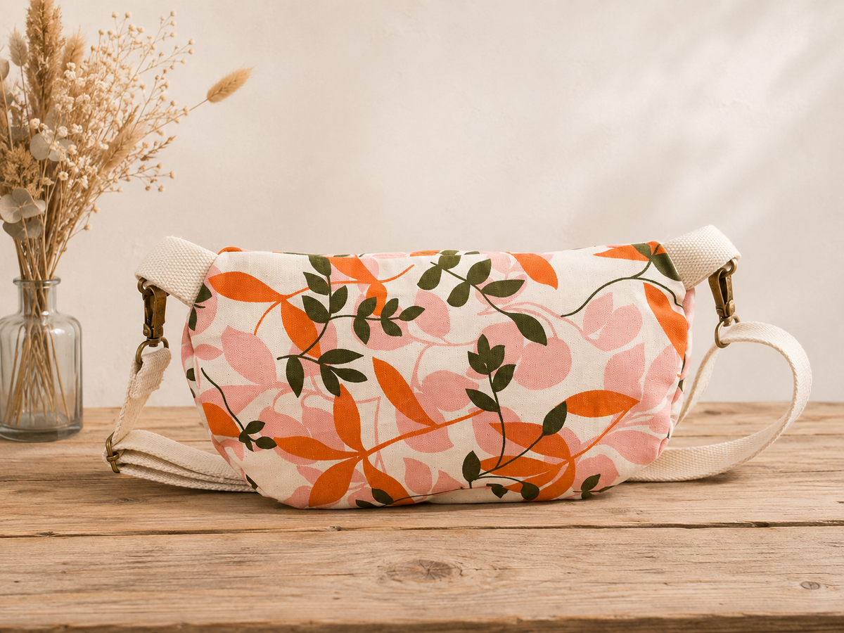 Sac banane femme fleuri rose & orange – Fait main