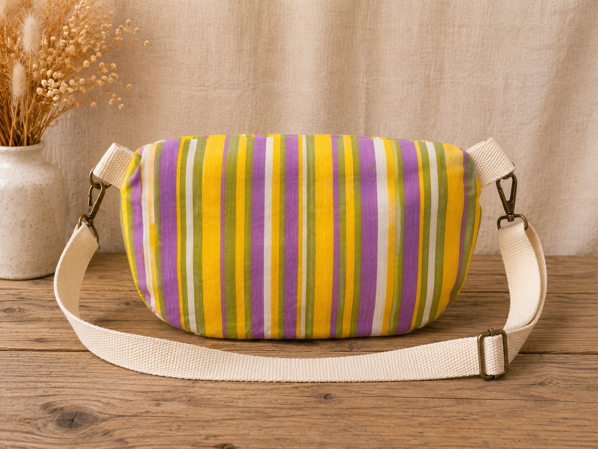 Sac banane femme rayé jaune, violet & vert – Fait main