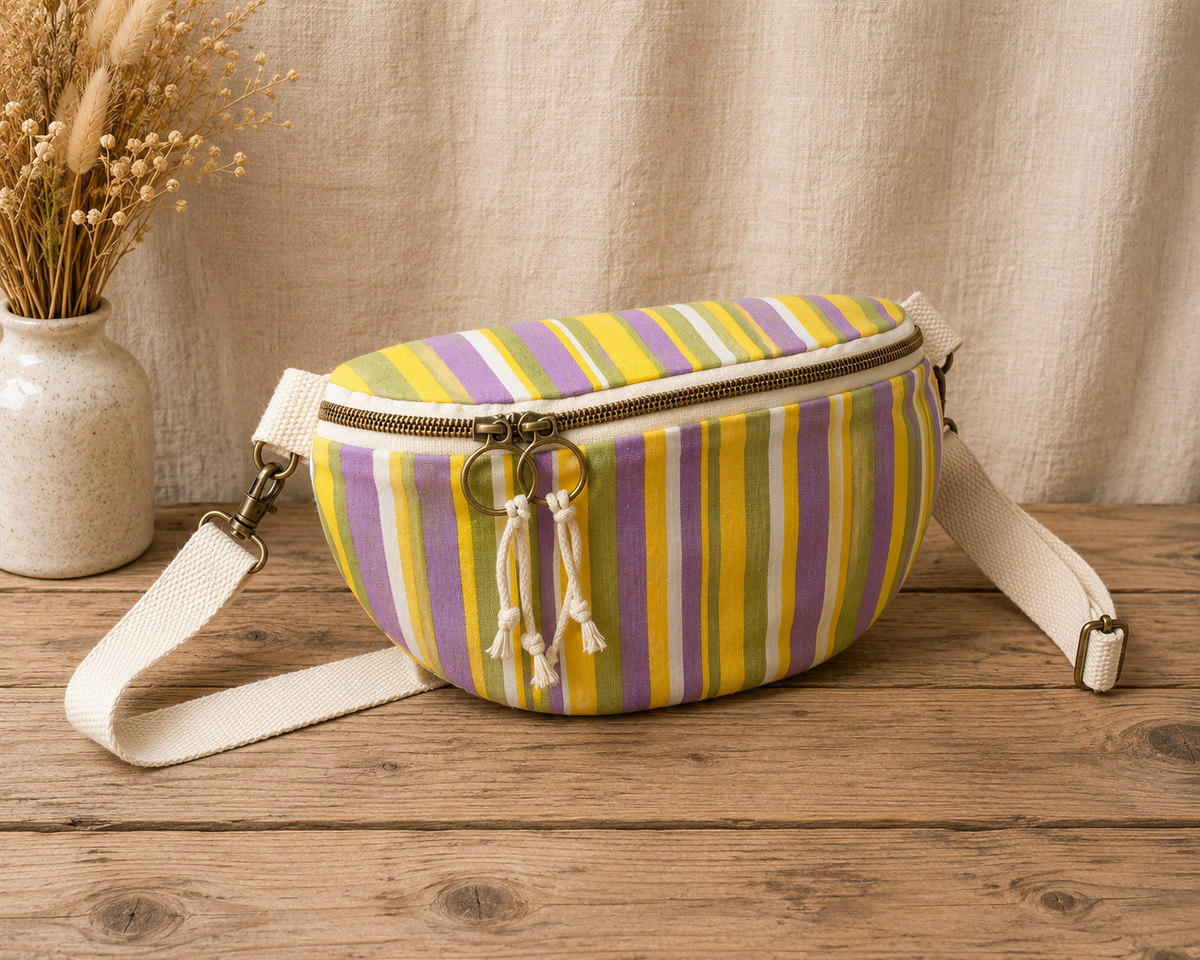 Sac banane femme rayé jaune, violet & vert – Fait main