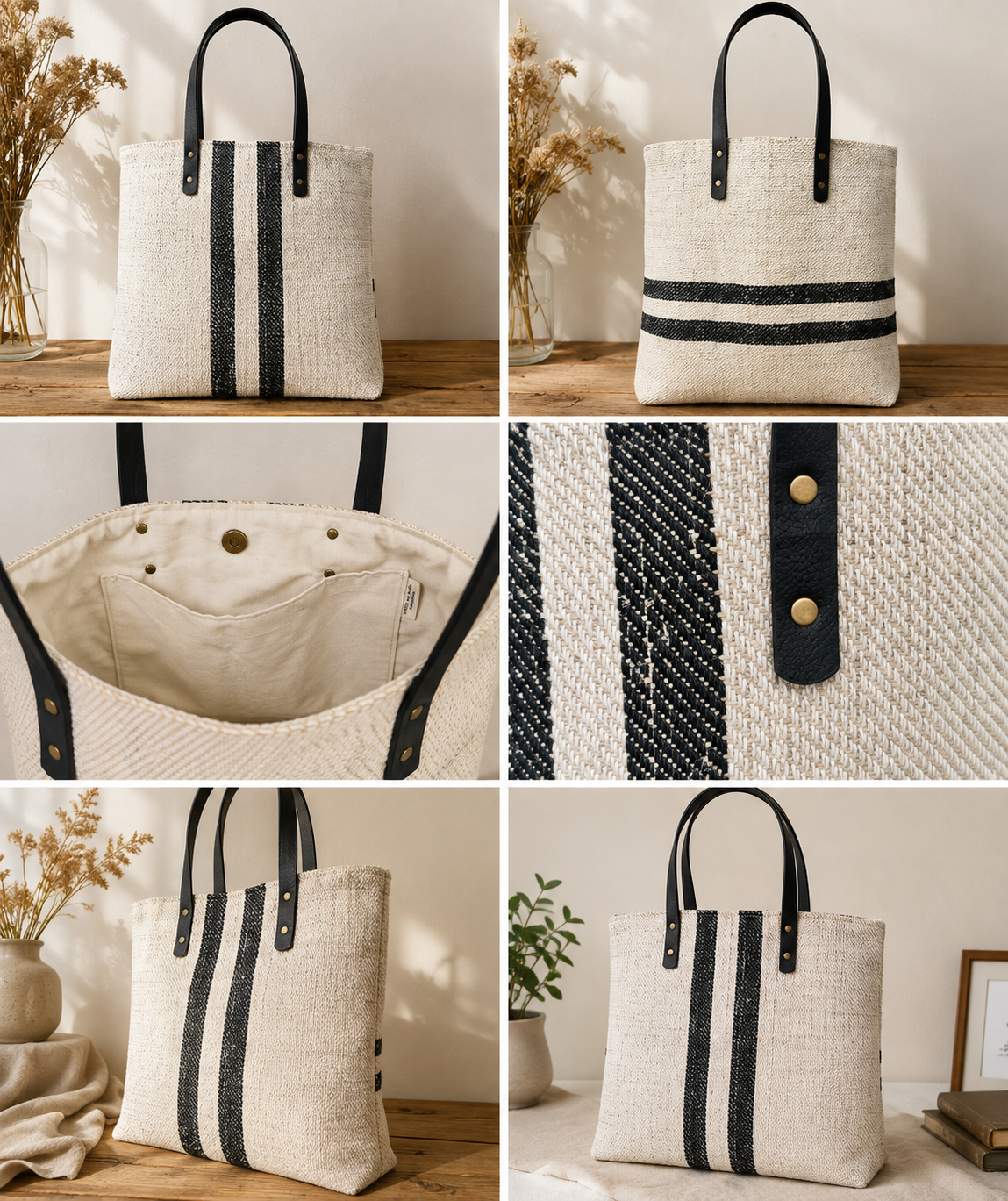 Sac cabas en ancien sac à grain – Chanvre écru & noir
