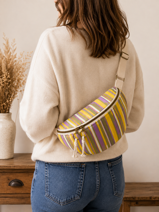Sac banane femme rayé jaune, violet & vert – Fait main